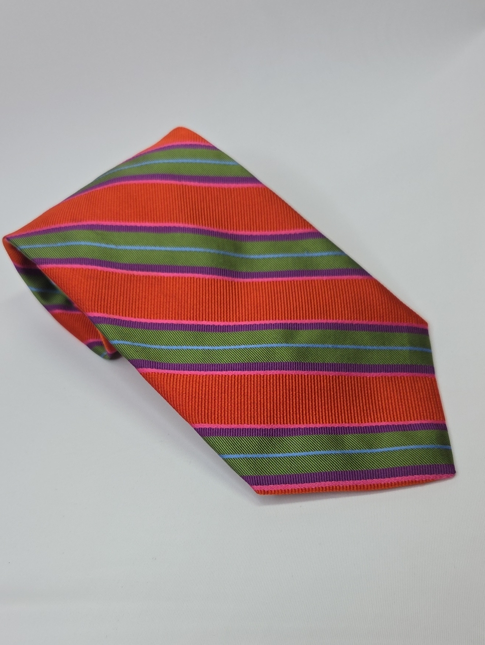 Hickey Freeman Mens 100% Silk Orange Tie W/ Green & Purple Stripes 3.95" W 60" L
